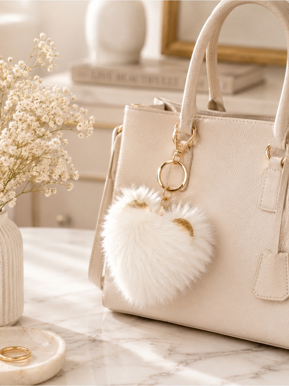 LC Lauren Conrad White Faux Fur Bear Keychain Gold Tone Bag Charm NWT